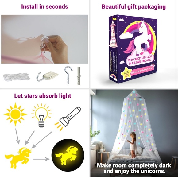 Canopy for Girls👧🏻Bed🛏️with Pre-Glued Glow in The Dark Unicorns🦄 - Picture 3 of 9